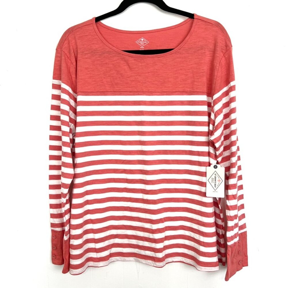 St. Johns Bay Striped Knit Long Sleeve Top Coral White Petite XXL
